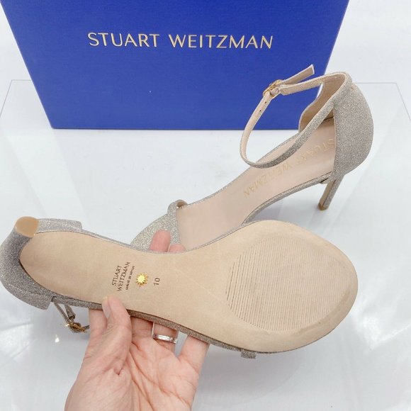 Stuart Weitzman Nudistsong High Heel Ankle Strap Sandal Platino Glitter US 10 B - Picture 9 of 10